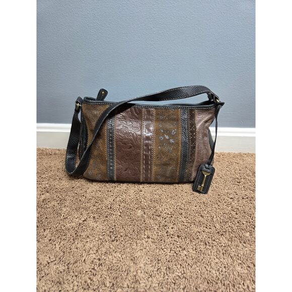 Fossil genuine leather suede y2k brown shoulder bag embossed floral print patch - Picture 2 of 10